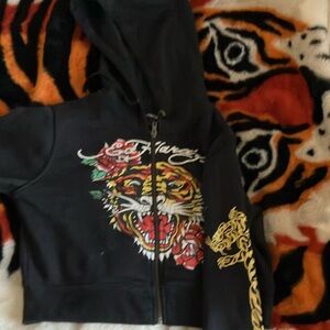 Ed Hardy tiger Black cropped Hoodie Tiger and Rose Design